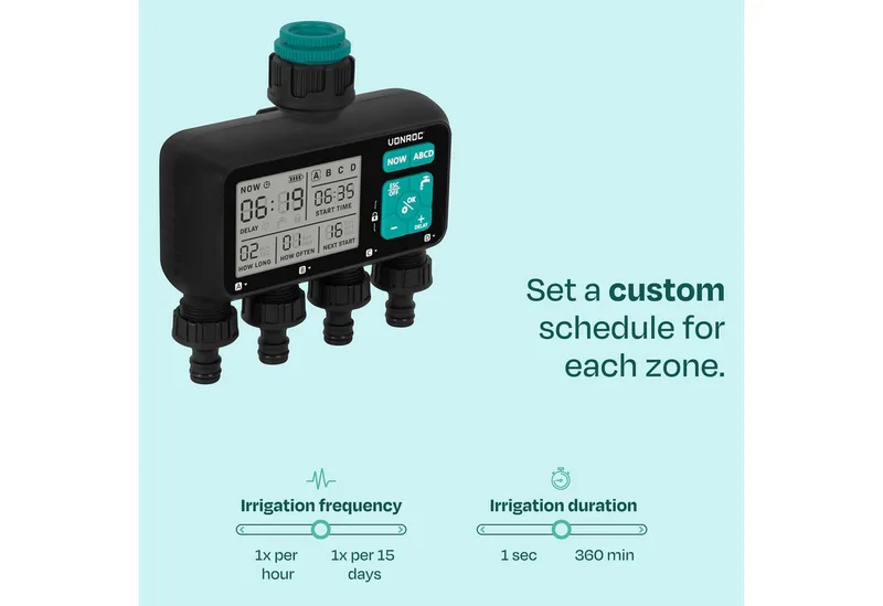 VONROC 4-weg watertimer – Besproeiingscomputer voor 4 zones – Instelbare bewateringstijd en -frequentie per zone by VONROC – product image 5 of 5