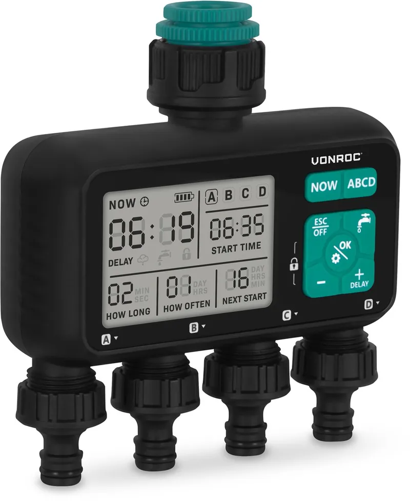 VONROC 4-weg watertimer – Besproeiingscomputer voor 4 zones – Instelbare bewateringstijd en -frequentie per zone by VONROC – product image 1 of 5