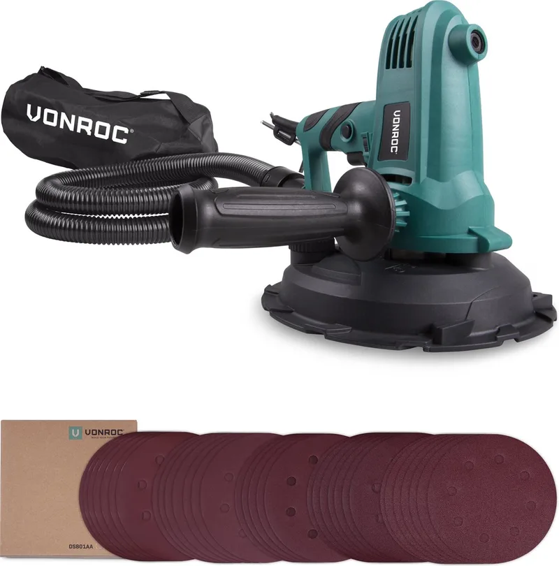 Wand-/plafondschuurmachine – 750W – Ø180MM – Plafond & Muur – Incl. slang, stofopvangzak en 33 schuurvellen de VONROC – image du produit