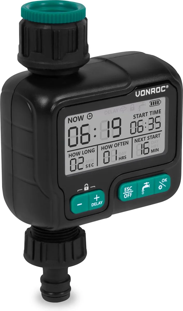 Watertimer - Besproeiingscomputer - digitaal - automatisch irrigatiesysteem – ruim instelbare interval en duur: 1uur tot 15 dagen/ 1sec tot 99min – IPX5 waterbestendig von VONROC – Produktbild