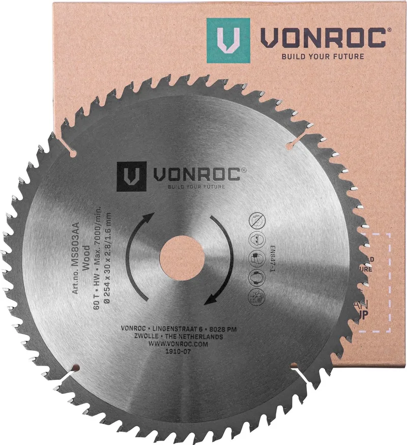 Zaagblad – Ø254MM – 60 tanden – voor hout – geschikt voor afkortzagen & tafelzagen de VONROC – image du produit