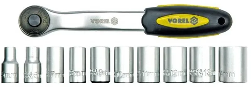 11-Delige Dop- en Ratelset 1/2" – Chrome-Vanadium – Fijne 72-Tands Gebogen Ratel – Inclusief 10 Doppen (10-24 mm) von Vorel, Gelb – Produktbild