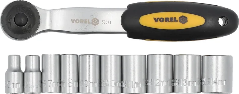 11-Delige Dop- en Ratelset 1/4" – Chrome-Vanadium – Fijne 72-Tands Gebogen Ratel – Inclusief 10 Doppen (5-14 mm) de Vorel, Jaune – image du produit
