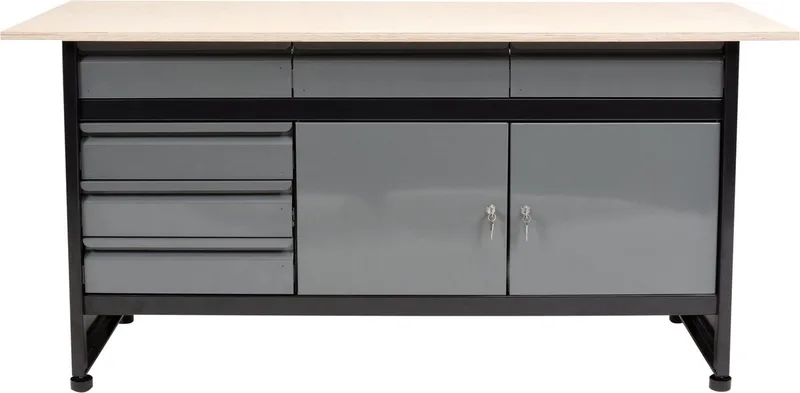 Grote Stalen Werkbank met Multiplex Werkblad - 170 x 60 x 84 cm - Poedergecoat Staal - Inclusief 6 Kogelgelagerde Lades & Sluitbare Kast - Stevige Werktafel met 2 Planken voor Werkplaats, Schuur & Garage från Vorel – produktbild