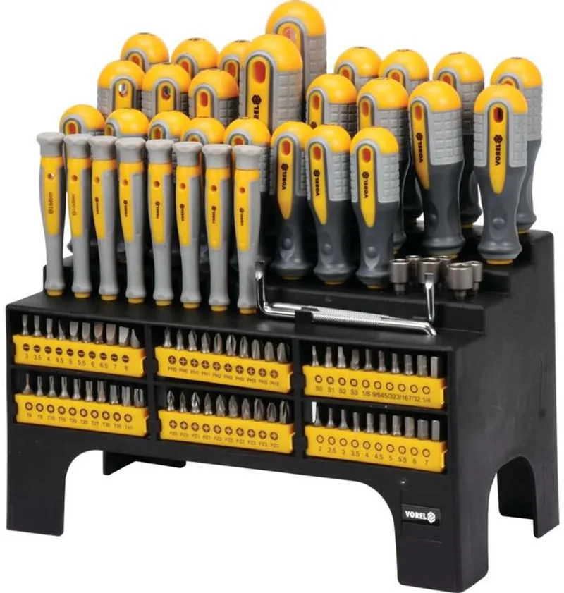 Professionele Schroevendraaierset met Ratel – 100-Delig – CrV Staal – Inclusief Precisieschroevendraaiers, Bits & Doppen (60750) van Vorel, Geel – productafbeelding