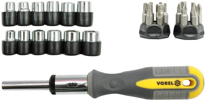 Ratelschroevendraaier Set met 29 Bits en Doppen van Vorel, Geel – productafbeelding