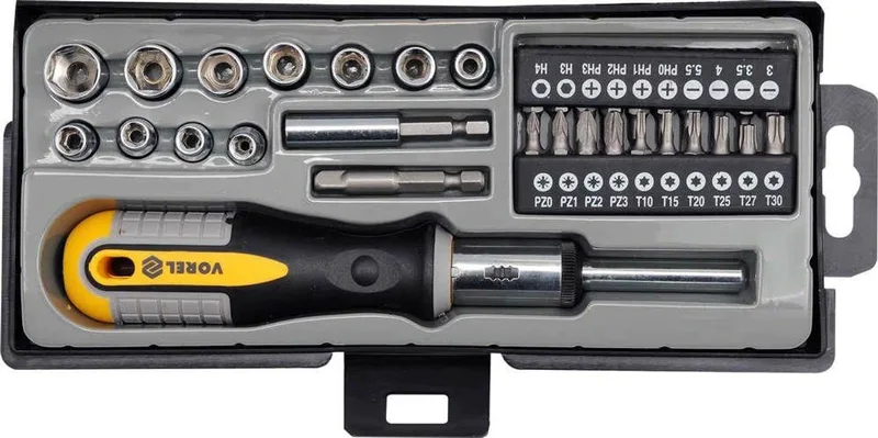 Schroevendraaierset met Ratel & 34 Bits - Kwaliteit CrV Staal by Vorel, Yellow – product image