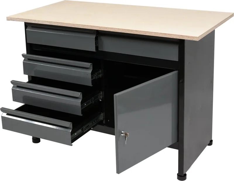 Stalen Werkbank met Multiplex Werkblad - 116 x 60 x 84 cm - Poedergecoat Staal - Inclusief 5 Kogelgelagerde Lades & Sluitbare Kast - Stevige Werktafel voor Werkplaats, Schuur & Garage de Vorel – image du produit