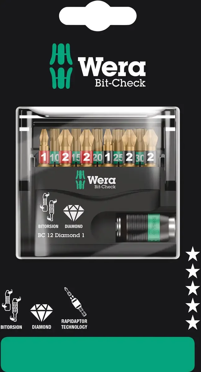 Bit-Check 12 Diamond 1 SB 05136392001 Bit-Set 1/4 (6.3 mm) inkl. Bithalter van Wera – productafbeelding