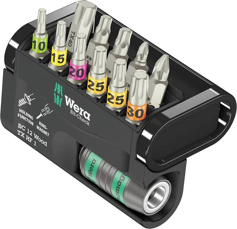 Bit-Check 12 Wood TX HF 1 05057435001 Bitset 12-delig Torx, Kruiskop Phillips, Kruiskop Pozidriv de Wera – image du produit