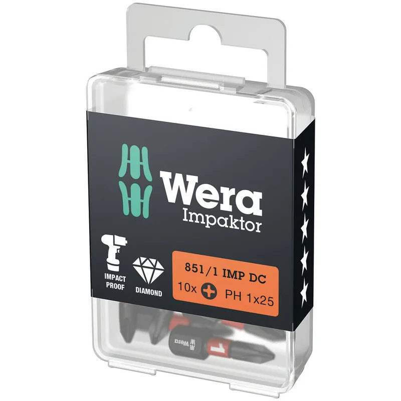 PH1 x 25 mm 851/1 IMP DC Impaktor Phillips bit (10 stuks) - 05057615001 fra Wera – produktbillede