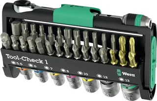 Tool-Check 1 05049050001 Bit-Set 32teilig Schlitz, Kreuzschlitz Phillips, Kreuzschlitz Pozidriv, Innen-Sechskant, Innen-TORX, TORX BO inkl. Ratsche by Wera – product image 1 of 2