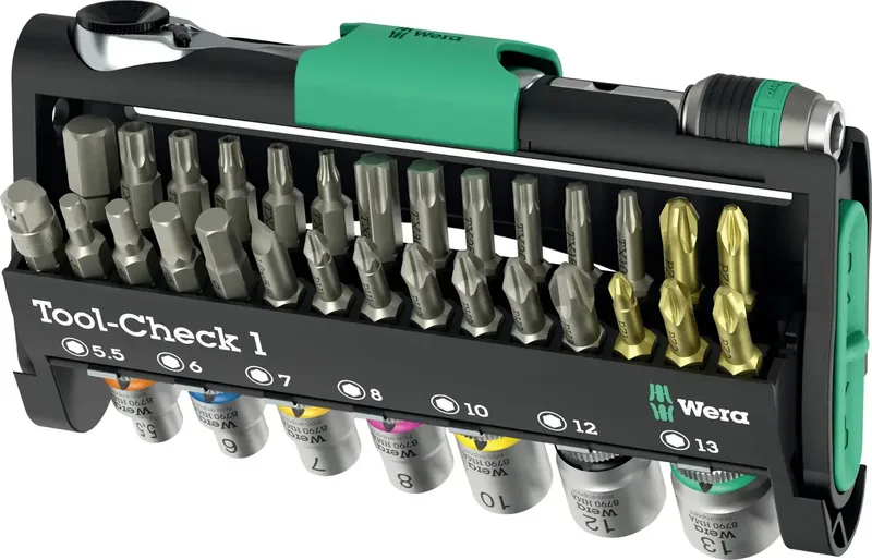 Tool-Check 1 05049050001 Bit-Set 32teilig Schlitz, Kreuzschlitz Phillips, Kreuzschlitz Pozidriv, Innen-Sechskant, Innen-TORX, TORX BO inkl. Ratsche by Wera – product image 1 of 2
