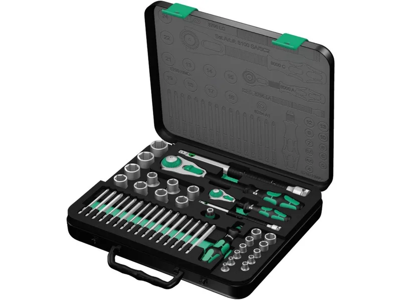 Umschaltknarre Wera 8100 SA/SC 2 Zyklop Speed-Knarrensatz 43 tlg (Set), metrisch, 1/4 und 1/2 Zoll, im stabilen Metallkoffer fra Wera, Grøn, Sort – produktbillede 1 af 5