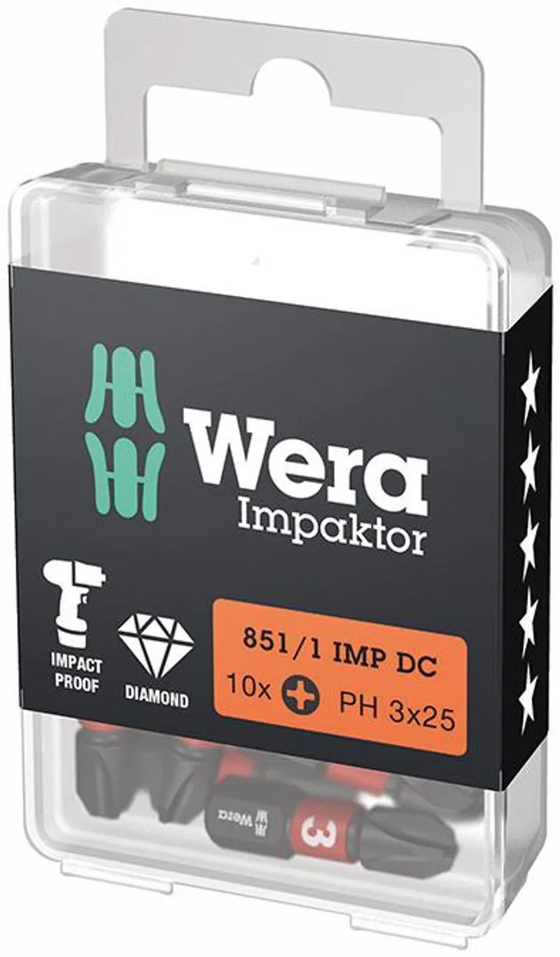 Wera 10x bit 851/1 IMP DC PH3 Lengte 25 mm 1/4" C6.3 Slagmoe... de Wera – image du produit
