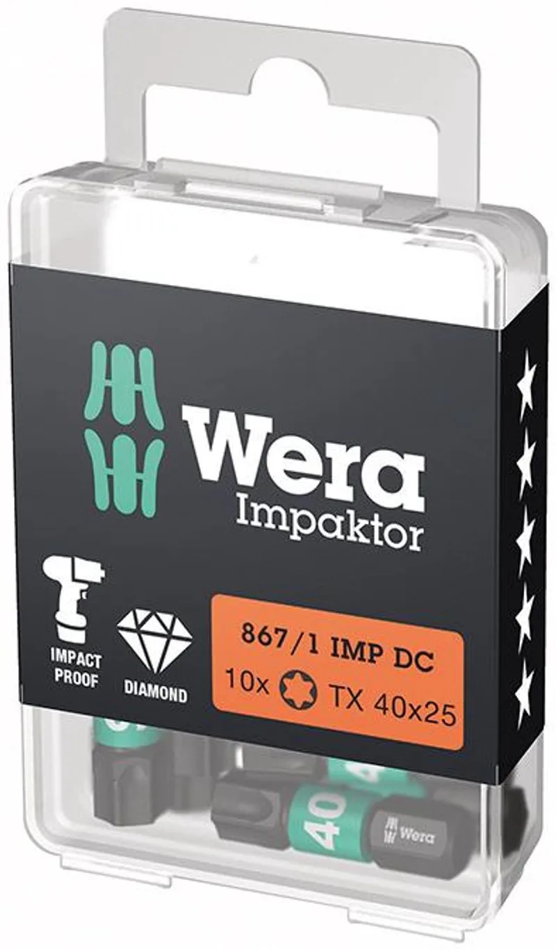 Wera 10x Bit 867/1 IMP DC T40 Lengte 25 mm 1/4" C6.3 Slagpin... de Wera – image du produit