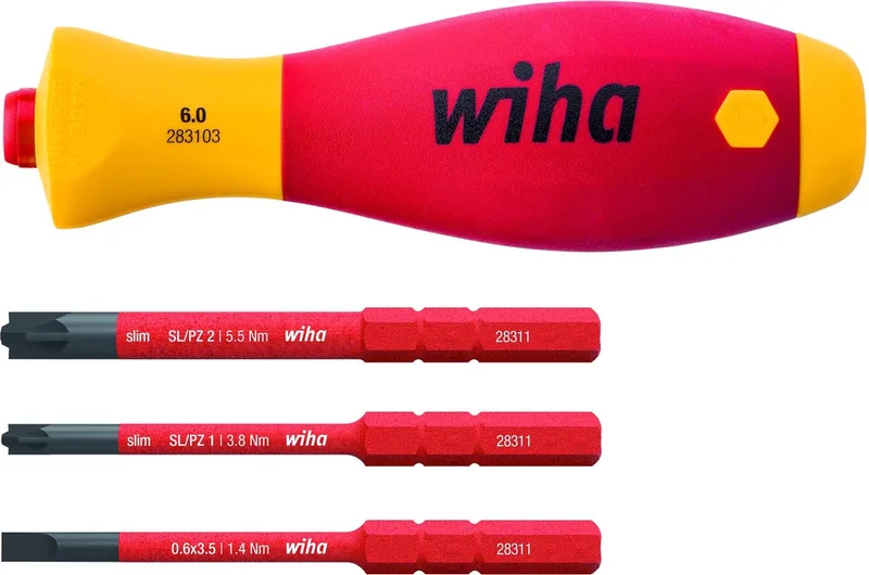 Schraubendreher mit Bithalter Set SoftFinish slimVario electric 4-tlg. mit slimBits von Wiha, Gelb – Produktbild