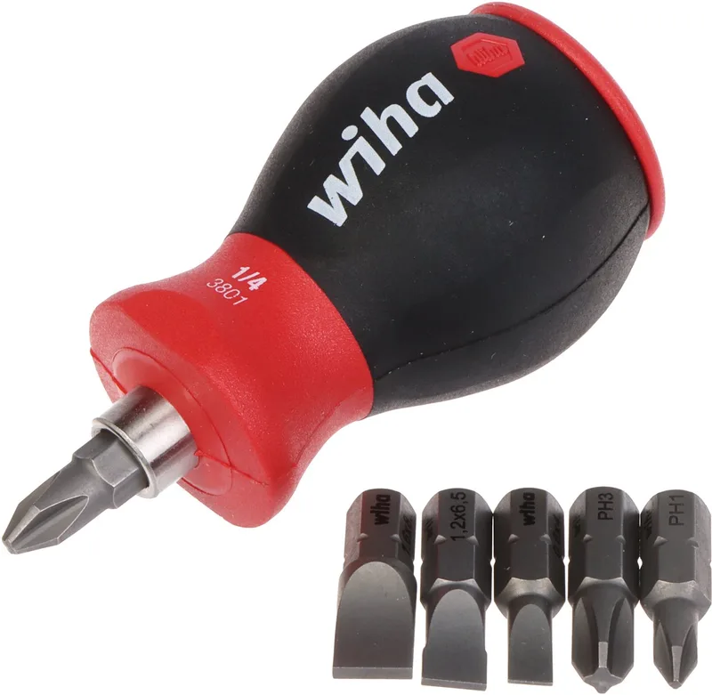 Schroevendraaier met bitmagazijn magnetisch Phillips, sleufkop met 6 bits, Stubby, 1/4 in blister - 33738 van Wiha, Rood – productafbeelding