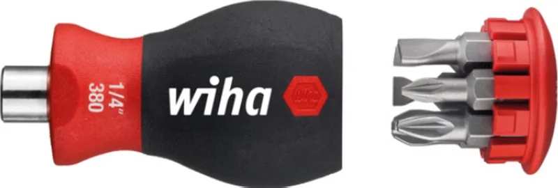 Schroevendraaier met bitmagazijn magnetisch sleufkop, Pozidriv met 6 bits, Stubby, 1/4 - 33764 by Wiha, Red – product image
