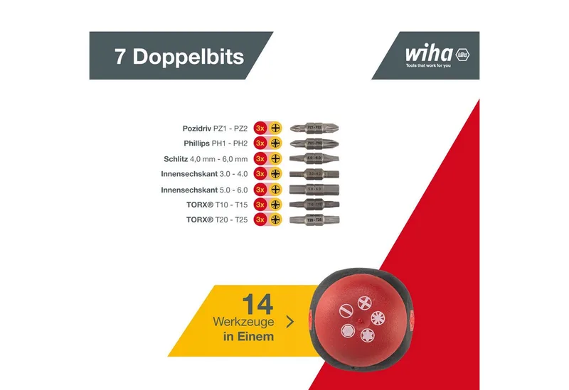 Schroevendraaier met bitmagazijn Stubby assorti met 7 dubbelbits - 43613 by Wiha, Kleurloos – product image 2 of 5