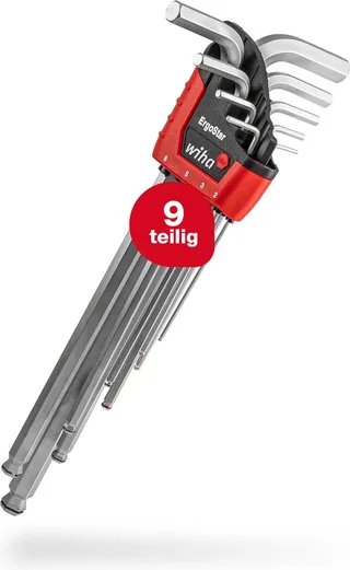 Stiftsleutelset Zeskantkogelkop 9-delig – MagicRing®, ErgoStar houder, mat verchroomd von Wiha, Kleurloos – Produktbild 1 von 3