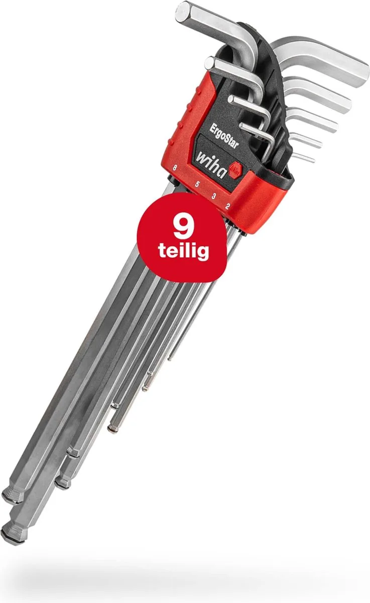 Stiftsleutelset Zeskantkogelkop 9-delig – MagicRing®, ErgoStar houder, mat verchroomd von Wiha, Kleurloos – Produktbild 1 von 3