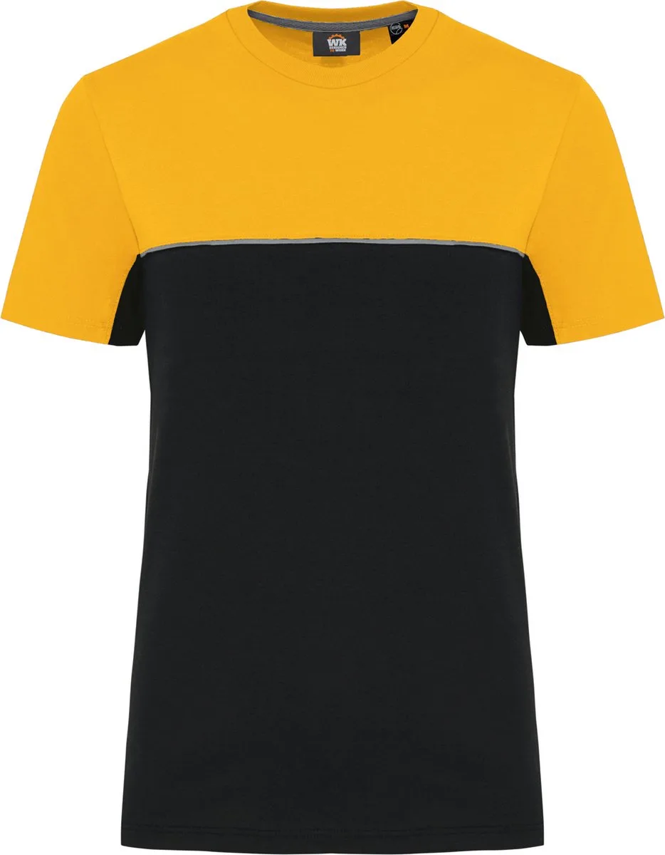 Ecologisch tweekleurig uniseks T-shirt met korte mouwen WK304 - Black / Yellow van WK. Designed To Work, Zwart, Geel, L – productafbeelding