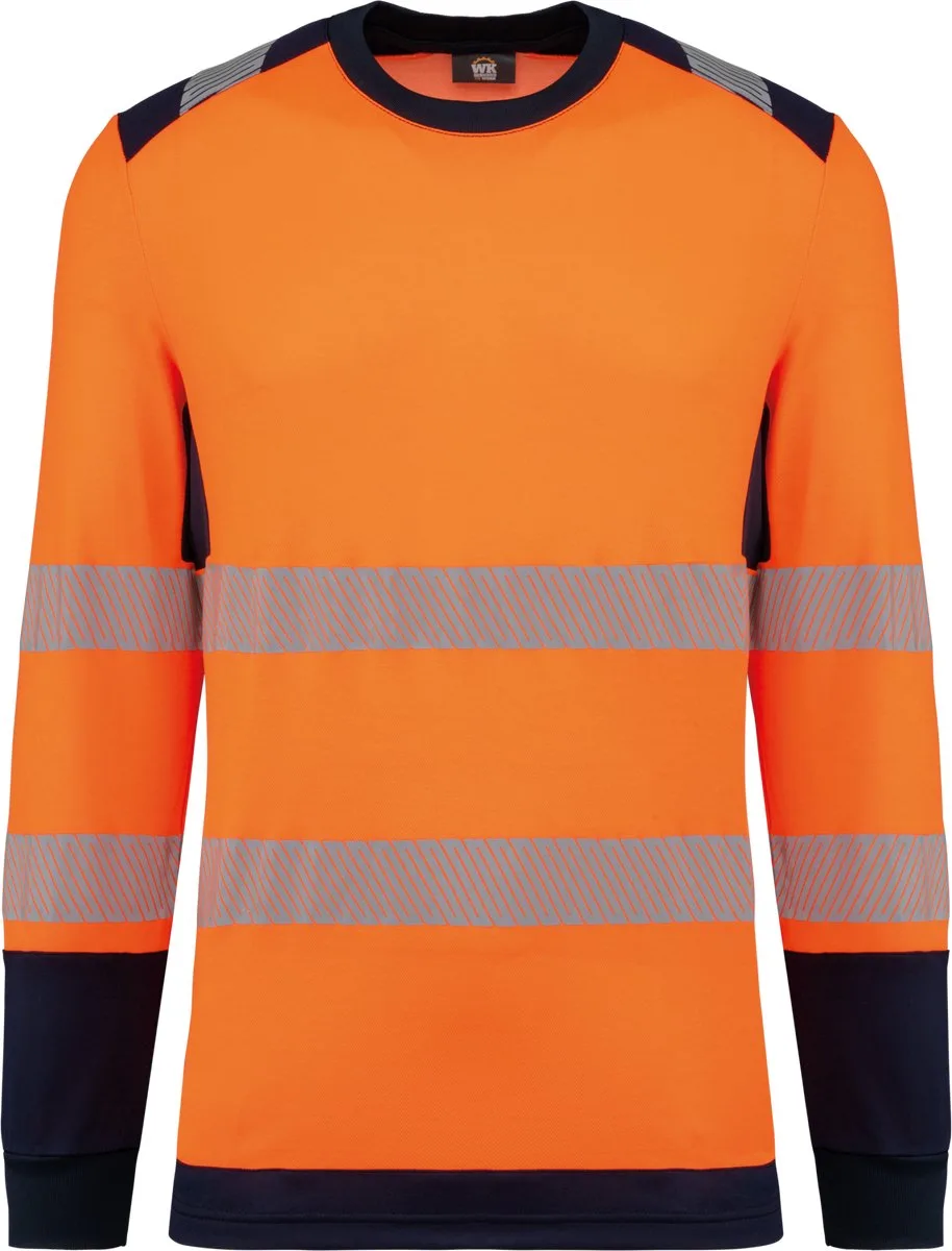 Gerecycled veiligheids-T-shirt lange mouwen WK361 - Hi Viz Orange / Navy de WK. Designed To Work, Hi Viz Orange, Bleu foncé, 3XL – image du produit