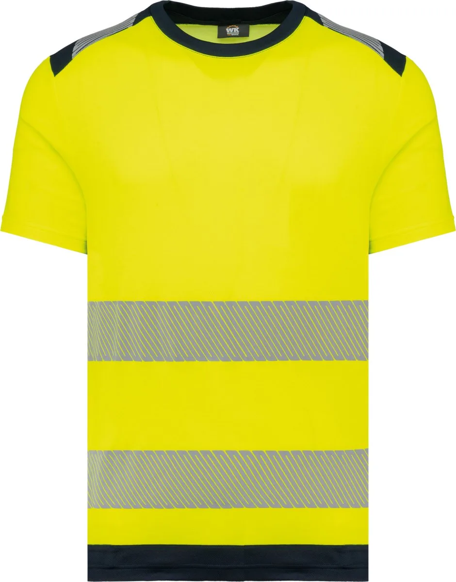 Gerecycled veiligheids-T-shirt ronde hals korte mouwen unisex WK360 - Hi Viz Yellow / Navy de WK. Designed To Work, Hi Viz Yellow, Bleu foncé, 3XL – image du produit