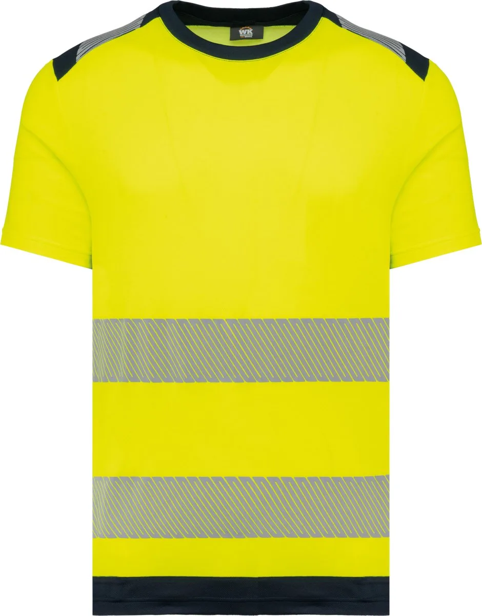 Gerecycled veiligheids-T-shirt ronde hals korte mouwen unisex WK360 - Hi Viz Yellow / Navy de WK. Designed To Work, Hi Viz Yellow, Bleu foncé, M – image du produit