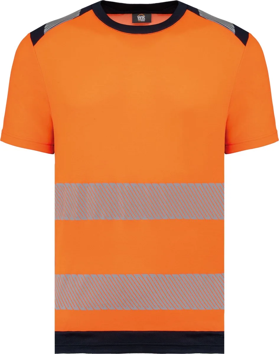 Gerecycled veiligheids-T-shirt ronde hals korte mouwen unisex WK360 - Hi Viz Orange / Navy de WK. Designed To Work, Hi Viz Orange, Bleu foncé, 3XL – image du produit