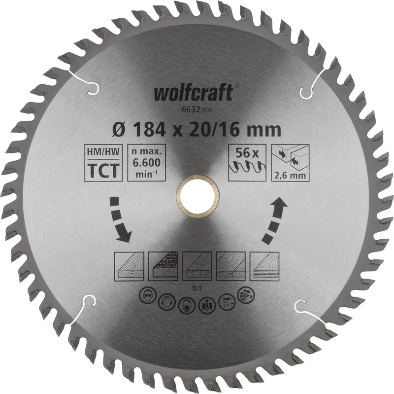Cirkelzaagblad 184 mm - 56 Tanden - 20 / 16 mm boring - voor Cirkelzaag - 6632000 de Wolfcraft – image du produit