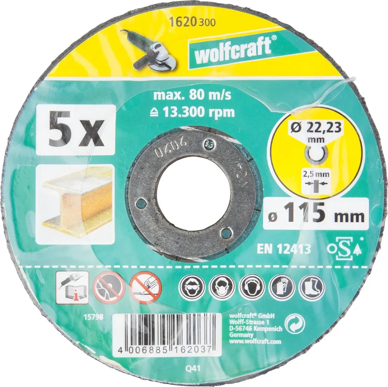 Wolfcraft 1620300 Disque à tronçonner à moyeu déporté 115 mm 5 pc(s) métal de Wolfcraft – image du produit 1 sur 2