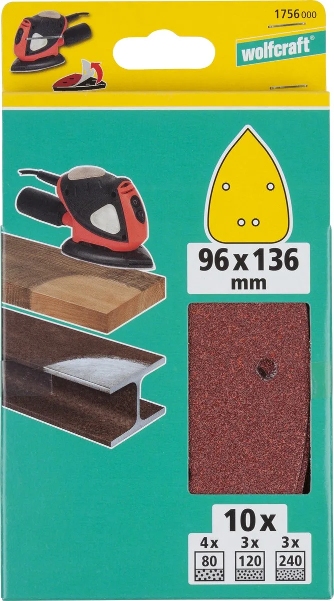 Schuurpapier - 10 delig - voor mouse schuurmachine driehoek - Korrel 80 / 120 / 240 - 1756000 van Wolfcraft – productafbeelding