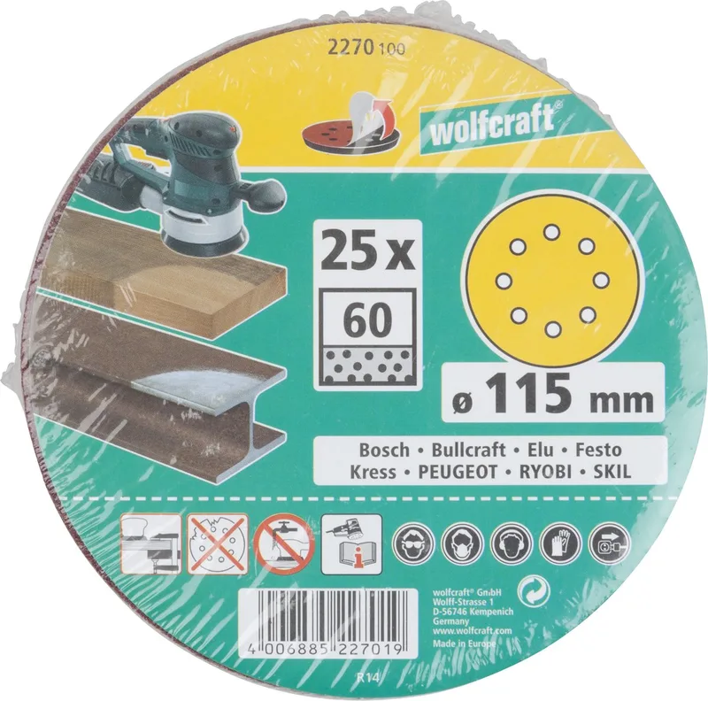 Schuurpapier Korrel 60 – 115MM – 25 stuks – Voor schuurmachines – klittenbandbevestiging - 2270100 von Wolfcraft – Produktbild