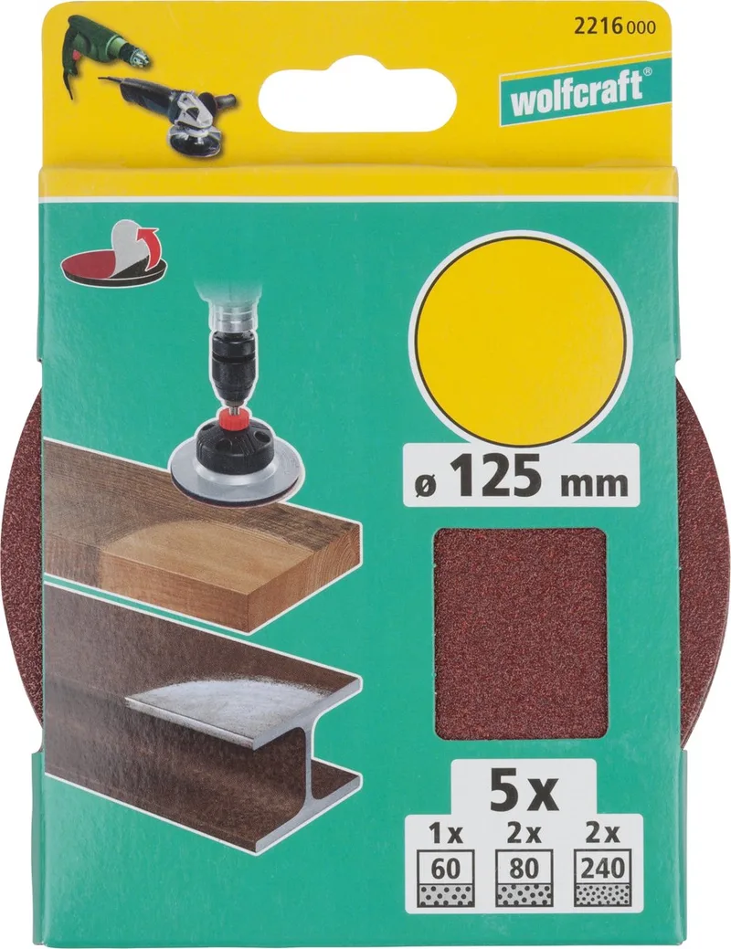 Set zelfhechtende schuurschijven fixoflex, 5-delig, voor hout/metaal - 2216000 von Wolfcraft – Produktbild