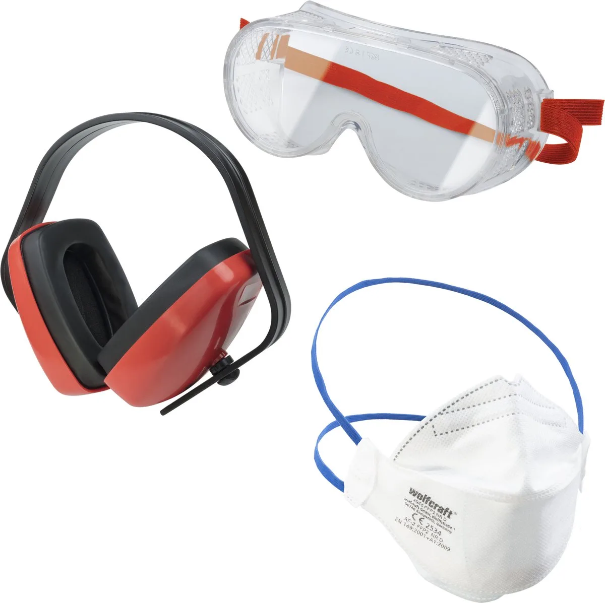 Veiligheidsbril SET - 3 Delig - inclusief Stofmasker en Gehoorbrscherming - 4980000 från Wolfcraft, Röd – produktbild