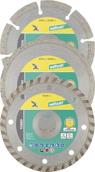 Wolfcraft 8394000 Diamanttrennscheibe 115 mm 1 Set Altbeton, armiert, Backstein, Baustellenmaterialien, Beton, Beton, universal, Dachziegel, Gips, Gipskarton de Wolfcraft – image du produit 1 sur 2