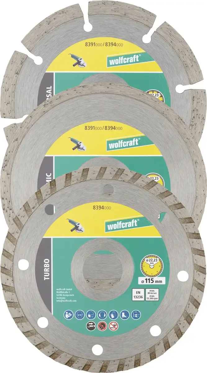Wolfcraft 8394000 Diamanttrennscheibe 115 mm 1 Set Altbeton, armiert, Backstein, Baustellenmaterialien, Beton, Beton, universal, Dachziegel, Gips, Gipskarton de Wolfcraft – image du produit 1 sur 2