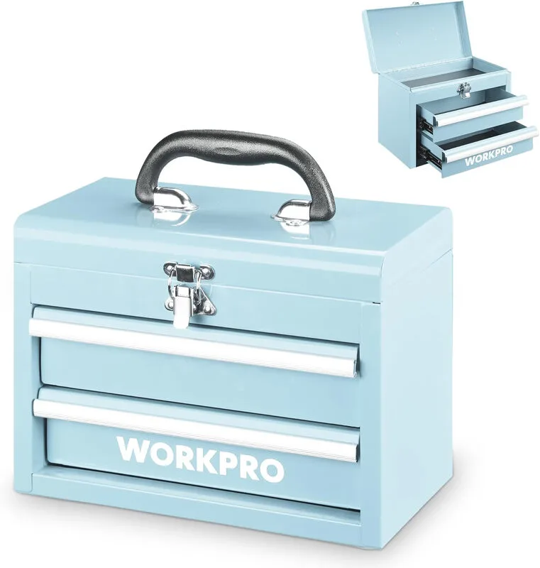 Boîte à outils portable en métal avec 2 tiroirs et espace de rangement supérieur, Bleu clair, 27,5 x 15 x 20,8 cm, Organiseur de table avec tiroirs et poignée pour bureau, vestiaire et poste de travail de Workpro – image du produit