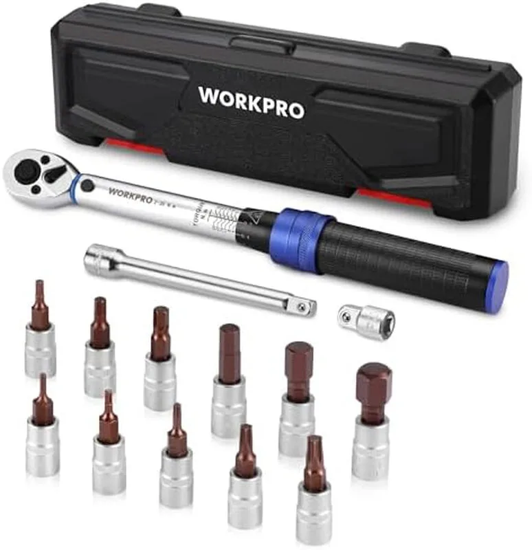 Drehmomentschlüssel 1/4 Zoll Set mit 14-tlg. Zubehör, 2-26 N·m, 72-Zahn-Ratsche, beidseitig verstellbar, Verlängerungsstange, ideal für Fahrrad, Reparatur und DIY von Workpro – Produktbild