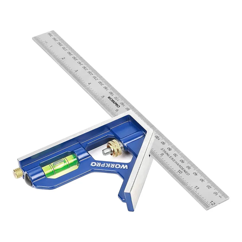 Équerre combinée 12in/300 mm, construction en acier inoxydable et zinc, 32 cm, bleu transparent, graduation 0-300 mm, outil de mesure pour ingénieurs et menuisiers de Workpro – image du produit