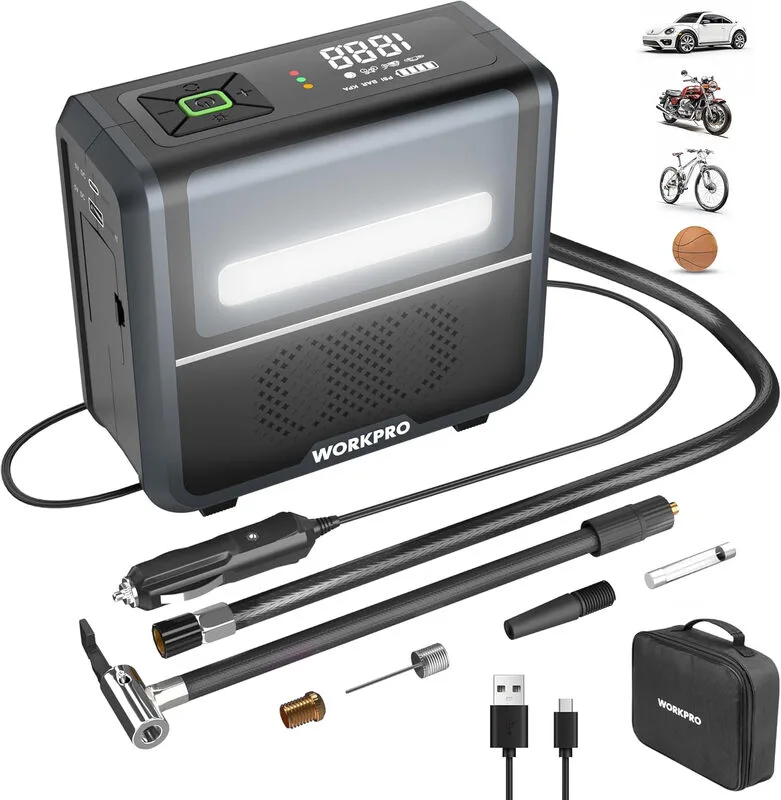 kabellose elektrische 3-in-1-Luftpumpe mit LED-Licht, Powerbank, Akku-Kompressor mit Display und automatischer Abschaltung, für Auto, Fahrrad, Motorrad, Bälle - USB- und 12 V-Ladefunktion från Workpro – produktbild
