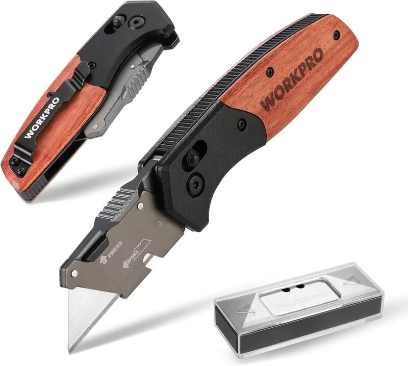 Klappmesser mit Holzgriff und Schiebeverschluss, Mehrzweck-, Teppich- und Schnellwechsel-Cutter mit Gürtelclip, inklusive 10 SK5 Ersatzklingen från Workpro – produktbild