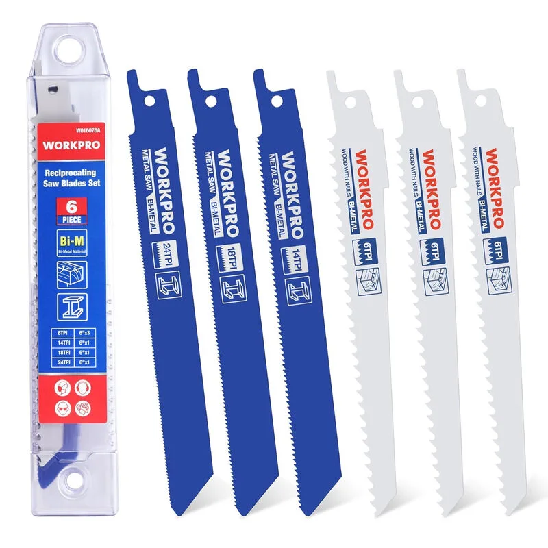 reciprozaagbladen, set van 6 bimetalen bladen, voor metaal, hout met spijkers en kunststof, met opbergdoos, compatibel met standaardzagen de Workpro – image du produit