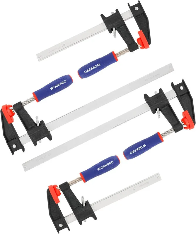 Schraubzwingen-Set mit 4 Spannbacken, Spannweite 150 mm/300 mm, Klemmkraft 272 kg, Vorsprung 80 mm, Stahl und Nylon, für die Holzbearbeitung von Workpro – Produktbild