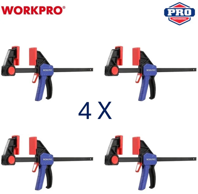 Snelspan Lijmklem Set 4 stuks 300 mm Eenhandsklem Omschakelbaar naar Spreider Versterkt Nylon 68 kg Klemdruk WP201026 de Workpro, Bleu – image du produit
