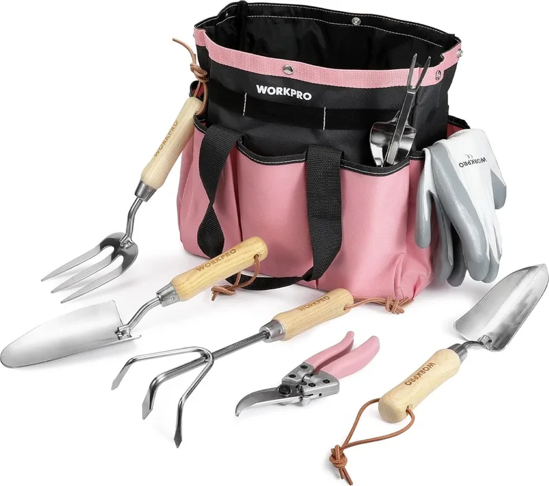 Tuingereedschapset, 8 in 1 Roze Tuingereedschap met Opbergtas, Gemaakt van Roestvrij Staal, Tuinschep met Houten Handvat, Bloemenschaar, Tuinklauw, Handcultivator, Cadeau voor Tuinmannen by Workpro – product image