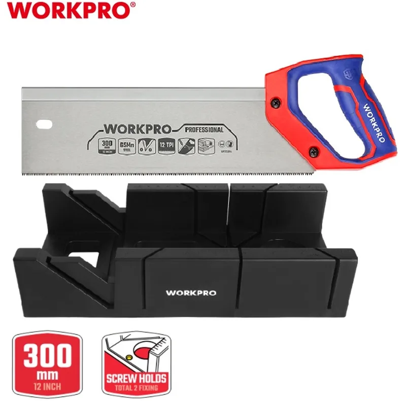 Verstekzaag + Verstekbak 300 mm Set – 65Mn Zaagblad – 45° & 90° – Precisie Hout & MDF – WP215014 + WP215029 von Workpro – Produktbild