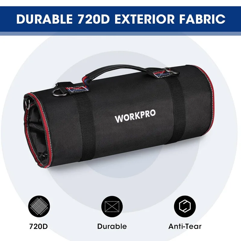 Werkzeug-Rolltasche, Mehrzweck-Werkzeugtasche mit 2 abnehmbaren Taschen und 4 Werkzeugtaschen mit Reißverschluss, 720D robuster Werkzeugroll-Organizer, ideal zur Aufbewahrung von Schraubendrehern, Schraubenschlüsseln, Schrauben, Muttern från Workpro – produktbild